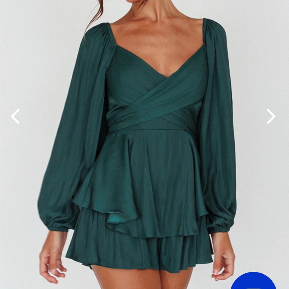 Saints and Secrets Green Satin Wrap Long Sleeve Romper Medium